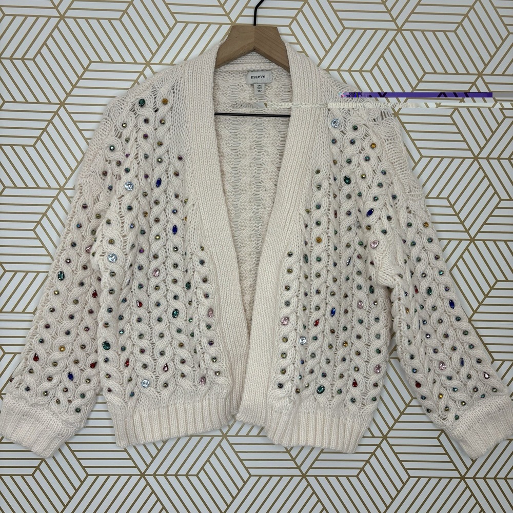 Maeve Anthropologie Chunky Cable Knit Cardigan Multicolor Gem Glam Boho Sparkle